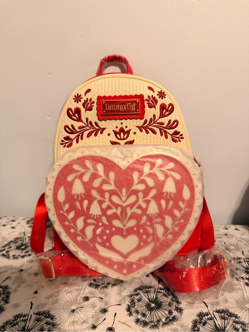 Loungefly Cream and Red Heart Folk Art Mini Backpack
